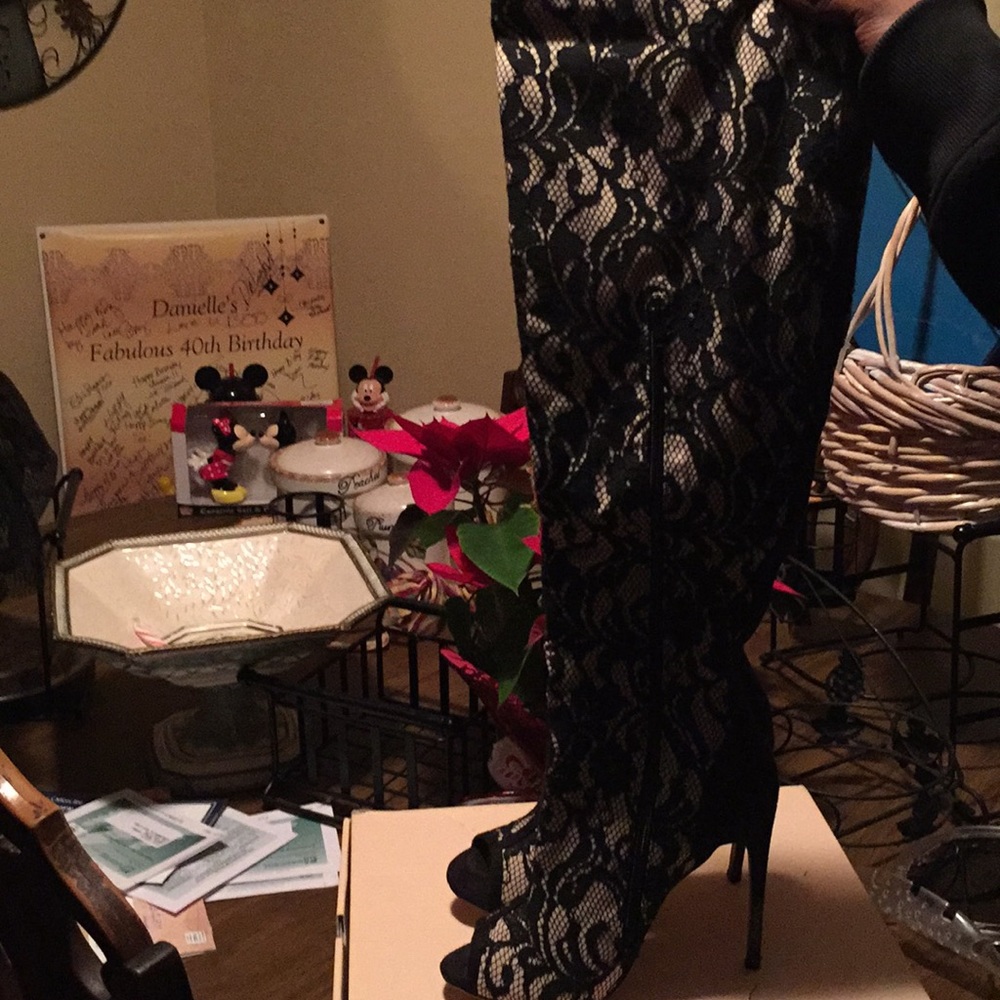 6inch heel peek toe knee high boots.